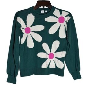 Gap Sweater Kids XXL Intarsia Swtr Flowers Green Daisy Floral Crewneck EUC